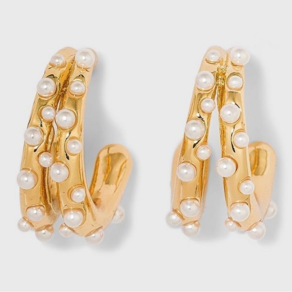 SUGARFIX by BaubleBar Faux Pearl and Gold Tone Double Hoop Earrings